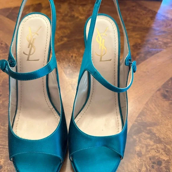 Yves Saint Laurent Blue Satin Slingback Heels